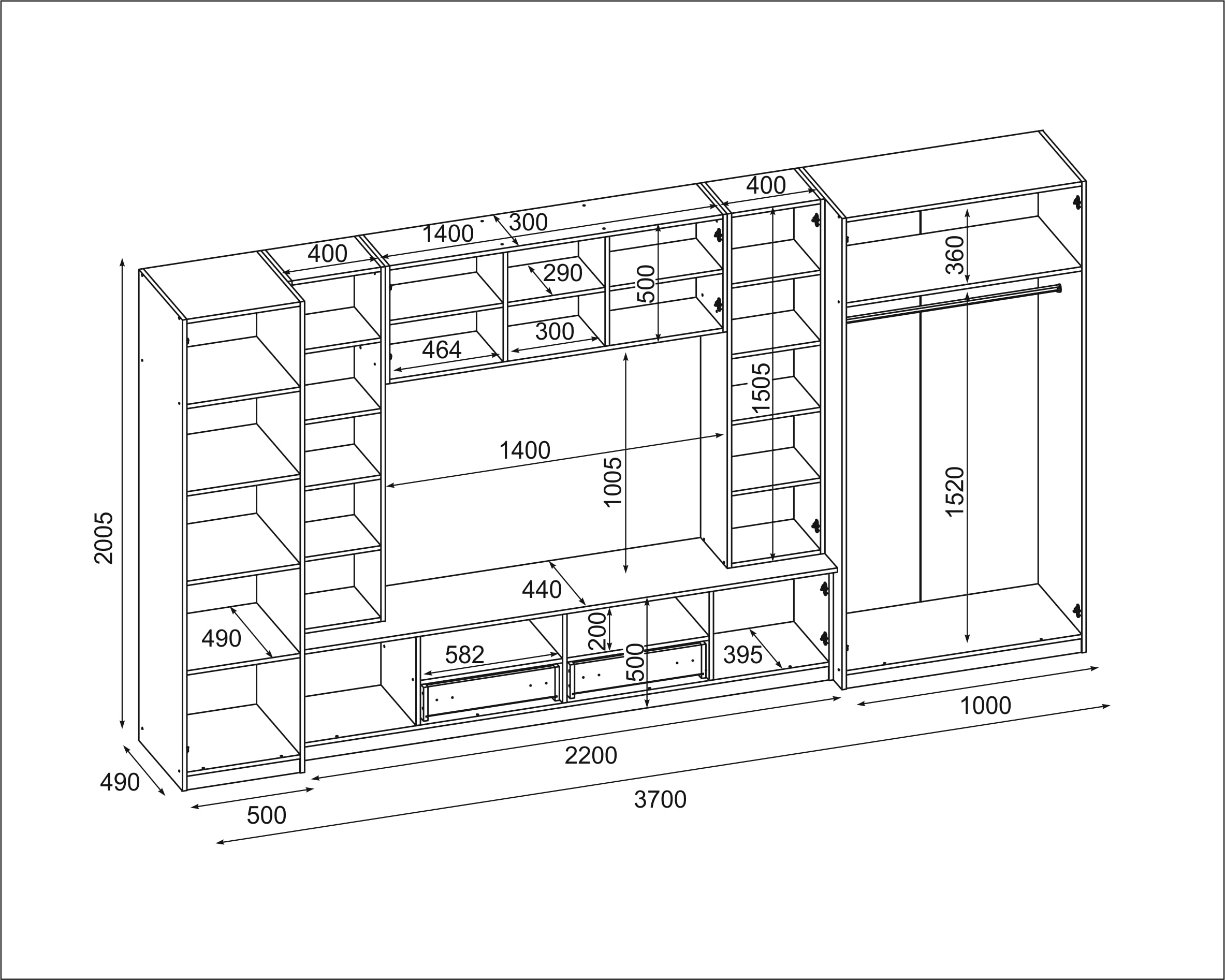 e-Meblast Wohnwand Wohnzimmer Möbel Neptun - Modern Schrankwand 370 x 200 x 52 cm Wohnzimmerschränke - Schrankwand Vitrinen Hängeschrank 2 Schränke TV Lowboard Anbauwand