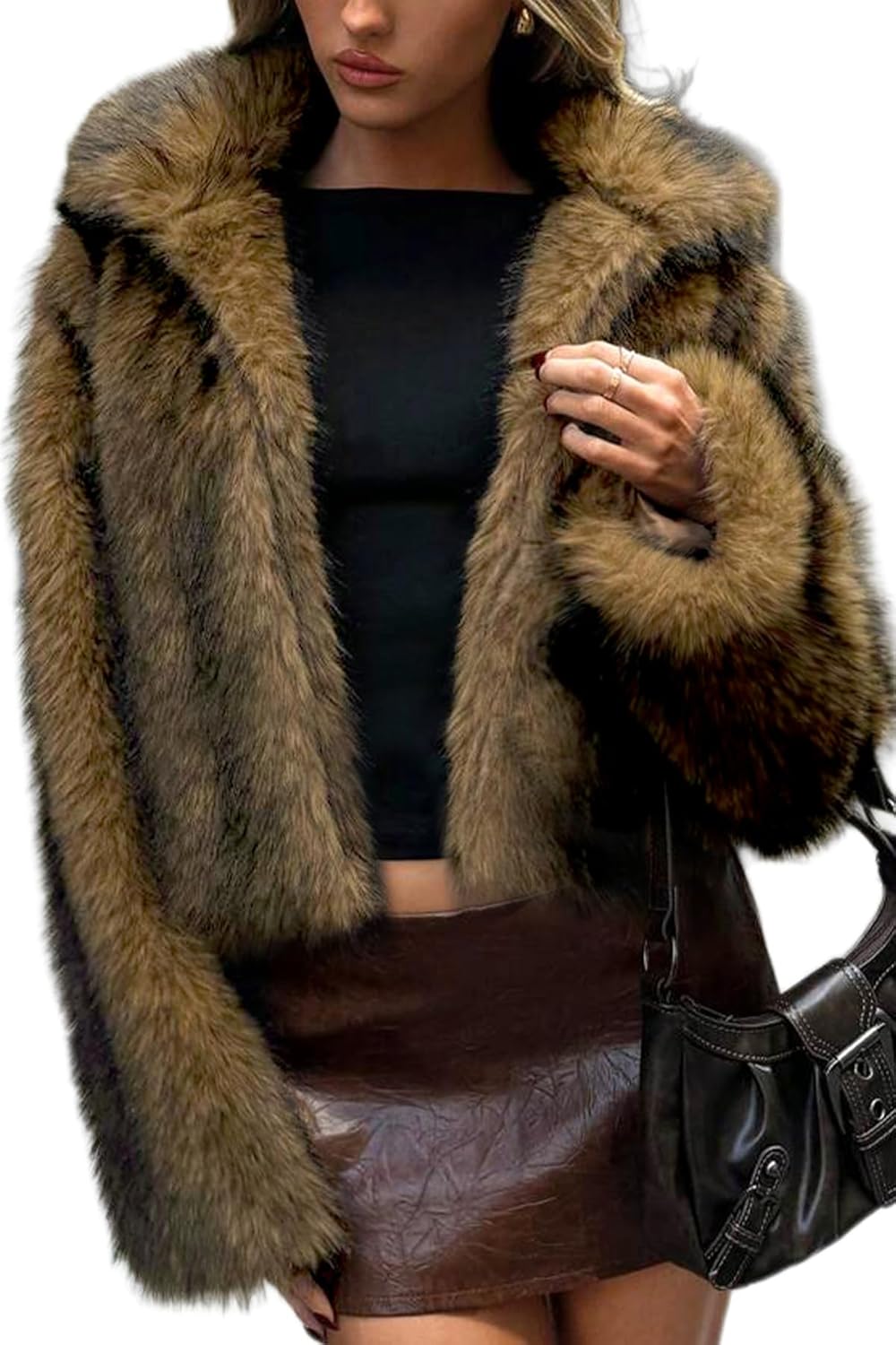ELLEVEN Women's Two-Tone Faux Fur Coat - Fluffy Winter Jacket with Lapel Collar, Hooks & Pockets
