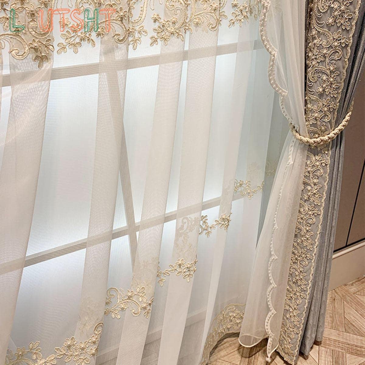 Luxus-Perlen bestickte Tüllvorhänge für Wohnzimmer, Blumen, Seil, Stickerei, Gaze, Fenstervorhänge für Schlafzimmer, beige Tüll, 1 Stück B 600 x H 260 cm, Stoff (kein Nähen)