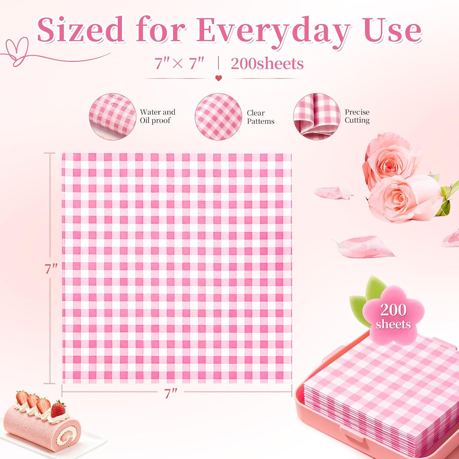200Pcs Wax Deli Paper Sheets 7"×7", Checkered Greaseproof Food Basket Wrap for Cake,Dessert,Liners Wrapping sheets for Bakery boxes, Cookies,Cupcake,Dessert,Food Picnic Home Kitchen.
