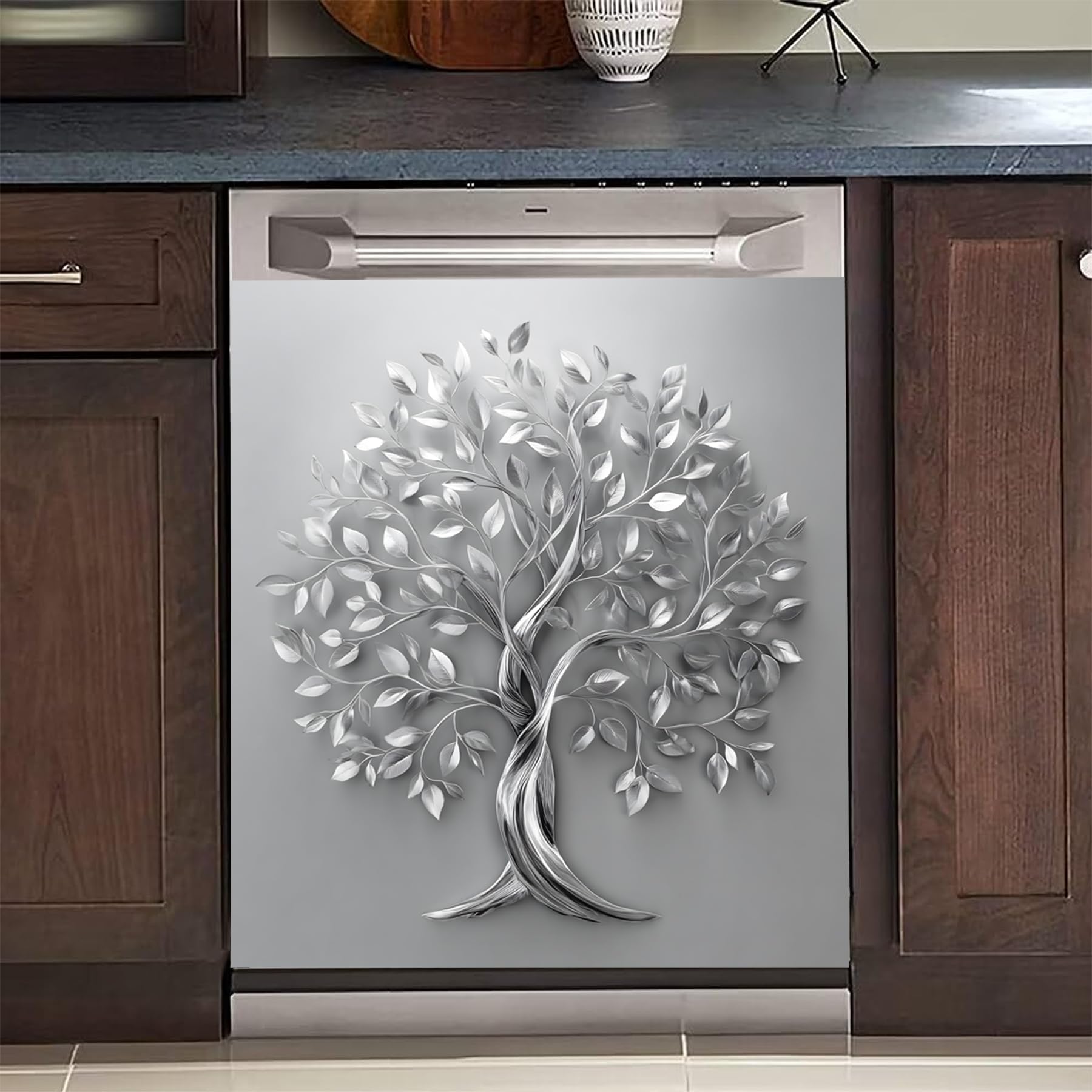 BVBOX Dishwasher Magnet Cover 23"x26", Reusable Magnetic Refrigerator Covers, Decorative Magnets Cover Fridge Door Skin Panel Stickers for Home Kitchen Appliance (Silver Tree of Life, 23"x26")