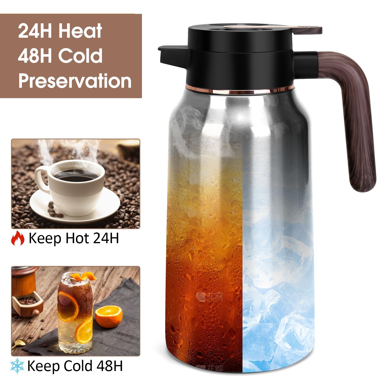 Jarra térmica de café de 68 onzas, jarras de acero inoxidable para líquidos calientes 36 horas, jarras de café aisladas para mantener el café caliente, agua caliente, té, bebidas calientes (plata)