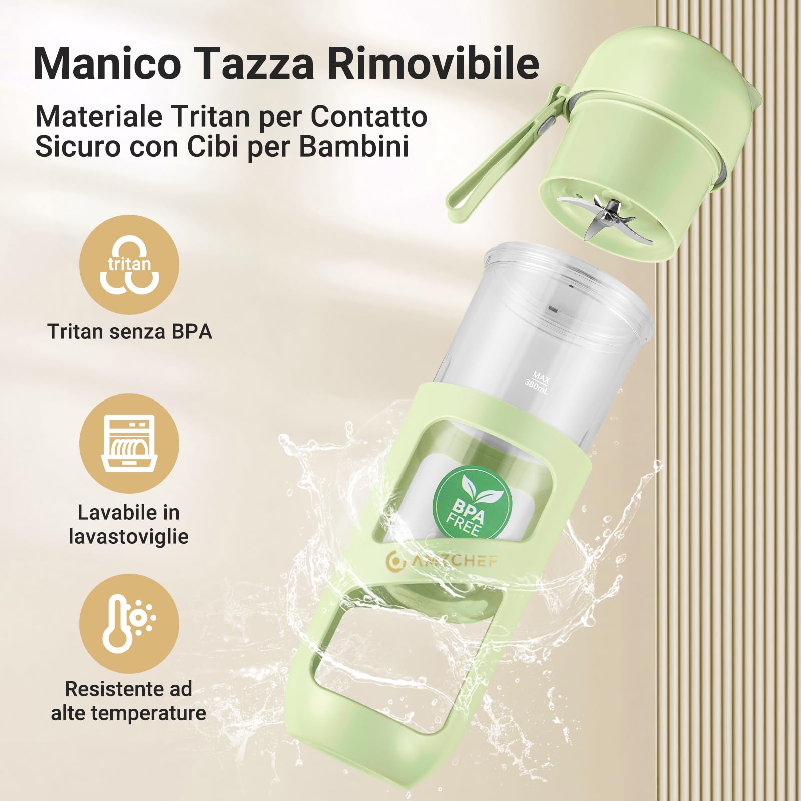 AMZCHEF Frullatore Portatile Sottovuoto - Frullatore Portatile USB Ricaricabile per Frullati e Smoothie - Mini Frullatore Elettrico con 10 Lame per Sport, Viaggi, Escursionismo, Senza BPA