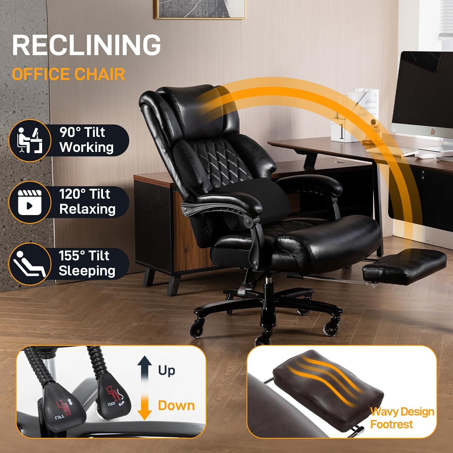 500 LBS Big and Tall Office Chair with Foot Rest High Back Recline Ergonomic Chair for Heavy People, Executive Office Chair Comfortable for Home Office, Large Computer Desk Chair Black