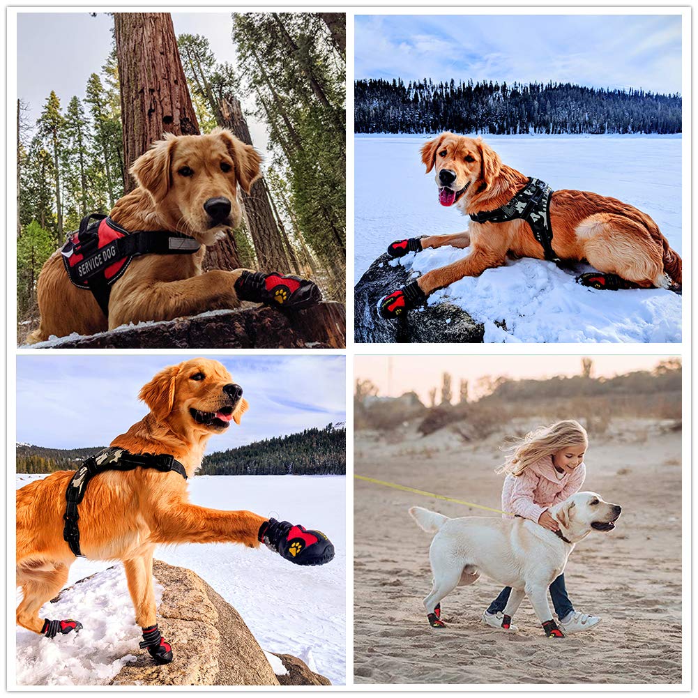 Lot de 4 bottes imperméables pour chien avec semelle réfléchissante robuste antidérapante et antidérapante, chaussures d'extérieur pour chiens de taille moyenne à grande (noir et rouge)