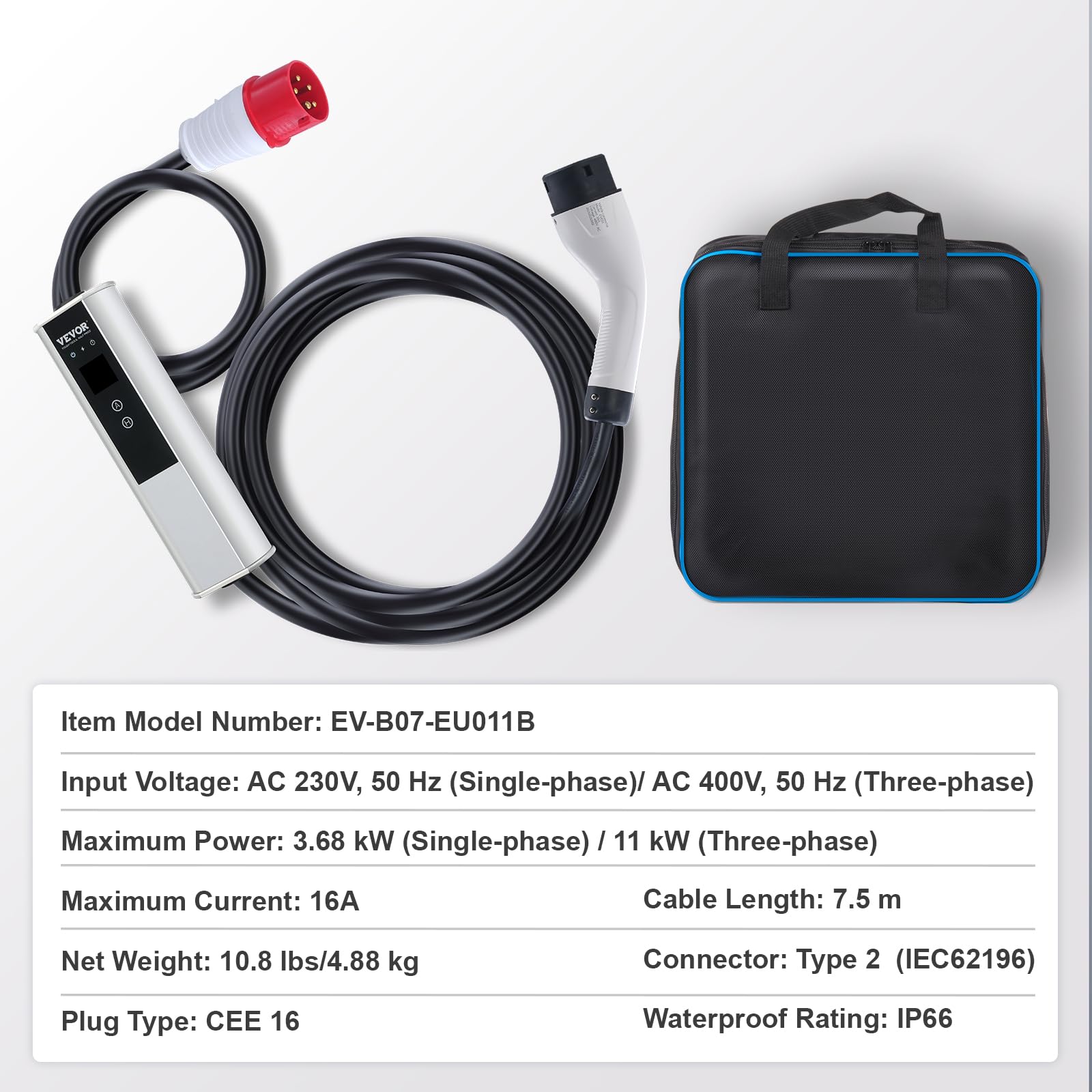 VEVOR Przenośna ładowarka EV typ 2 IEC6219 ładowarka samochodowa 16 A 3,68 kW jednofazowy 11 kW trójfazowy kabel ładujący 7,5 m wtyczka CEE 16 LCD IP66 z torbą do przechowywania haczyk na kabel