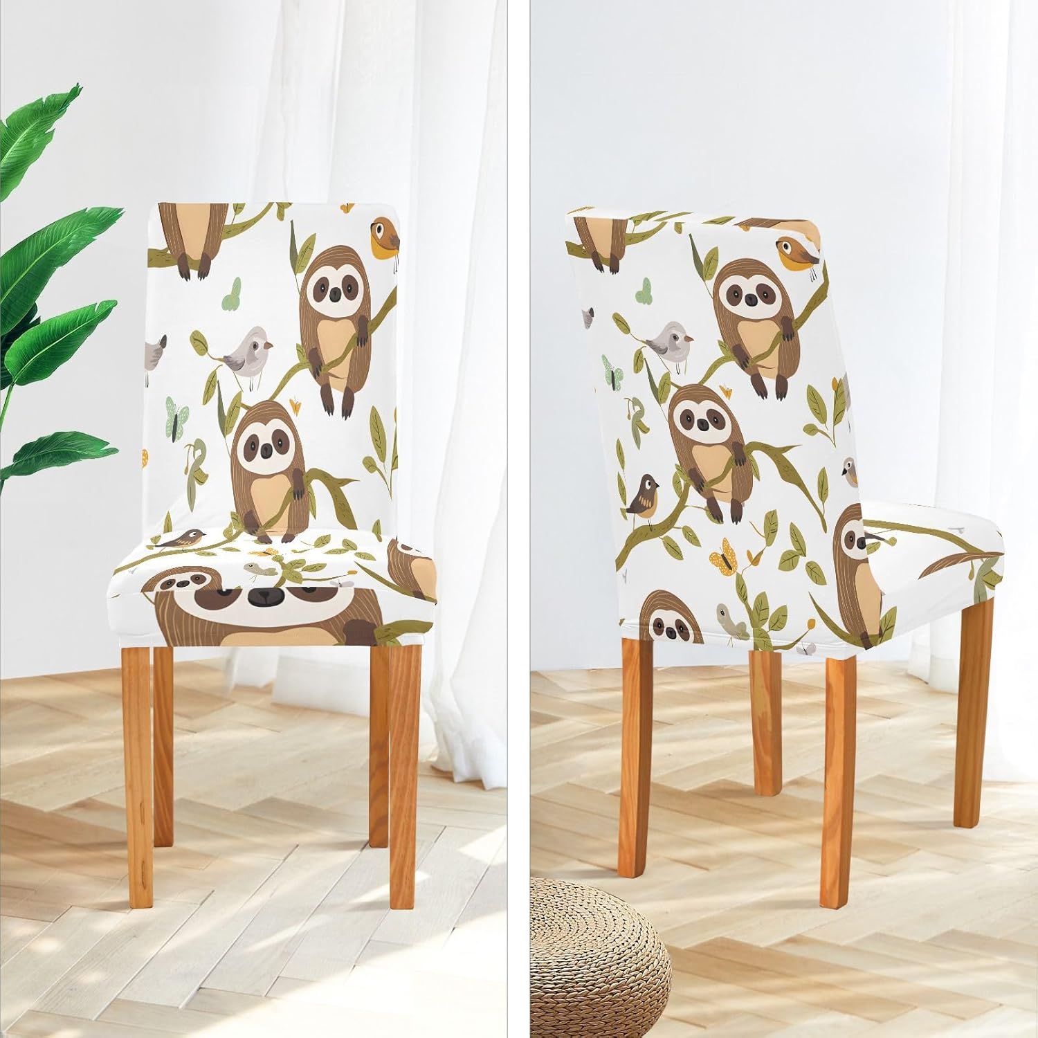 ALAZA Chair Covers for Dining Room, Sloth Branch Bird Pattern Stretch Chair Cover Sets Chair Protector Removable Washable for Ktichen Restaurant Hotel