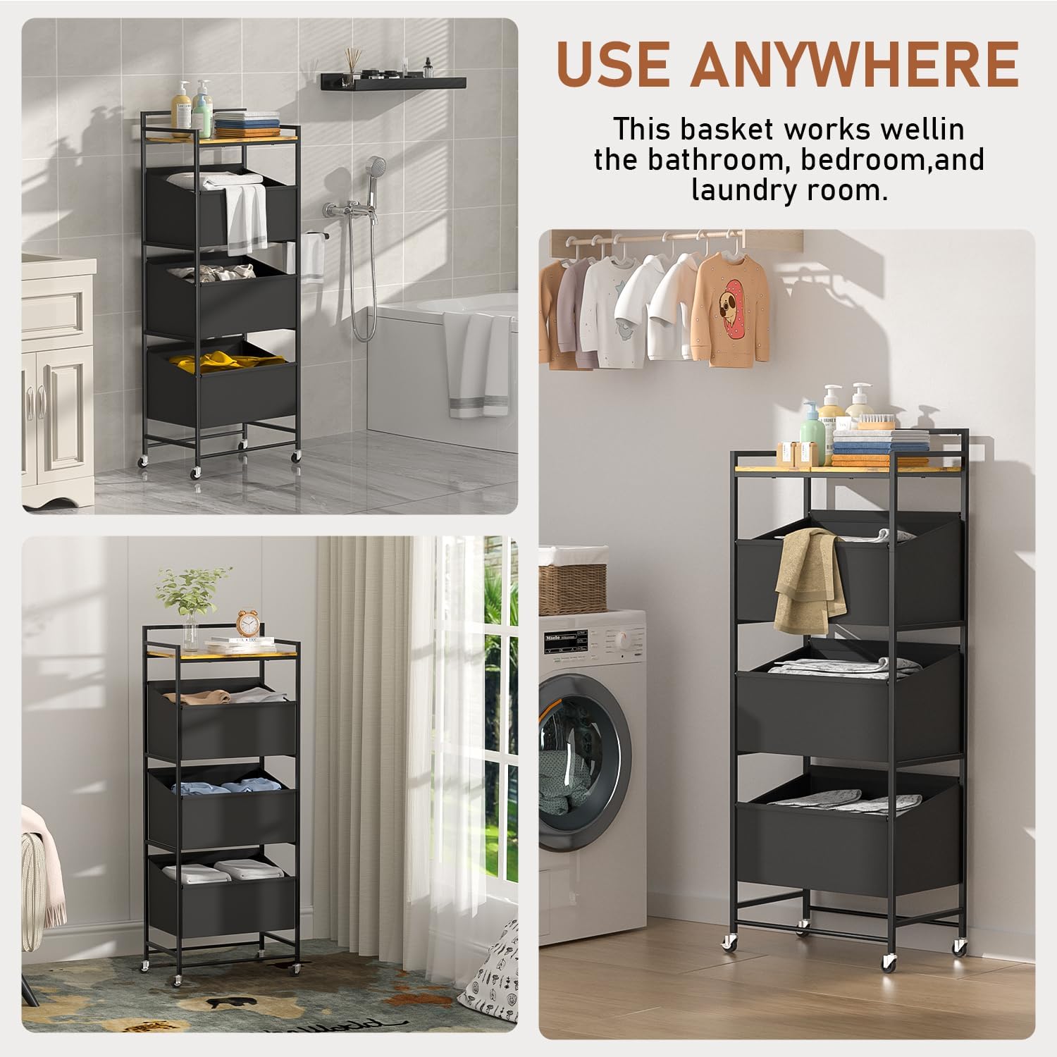 3-Tier Laundry Hamper Sorter with Wheels, 120L Vertical Rolling Laundry Basket Organizer Cart, 3 Section Laundry Sorter with Shelf for Small Space, Laundry Room, Bathroom, Bedroom, Dorm, Closet