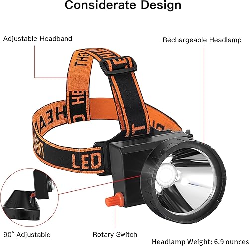 Miniatura 8 de Linterna frontal LED de trabajo para senderismo, linterna impermeable, ángulo de 90, ajustable, recargable, para buceo, correr, acampar, pescar
