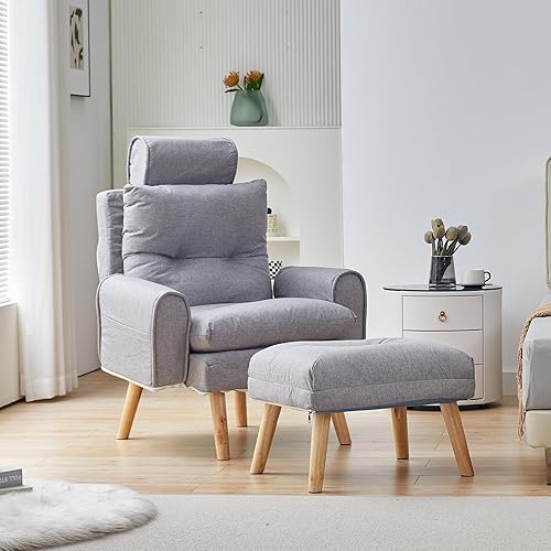 Miniatura 7 de TUKAILAi Silla decorativa moderna con otomana, sillón tapizado de tela de lino con respaldo ajustable, cómodo sofá con reposapiés para sala de estar