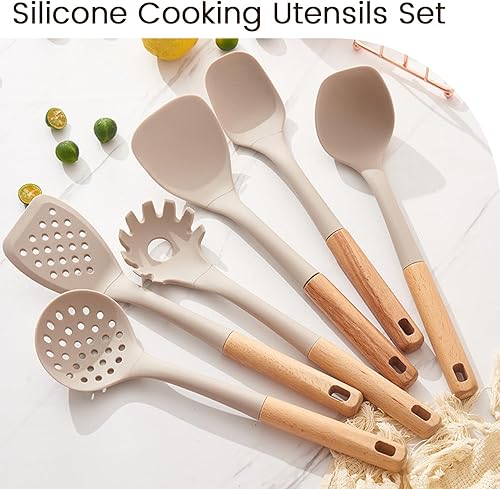 Miniatura 2 de Juego de utensilios de cocina de silicona, 8 piezas antiadherentes con soporte, utensilios de cocina caqui con asas de madera, juego de cocina