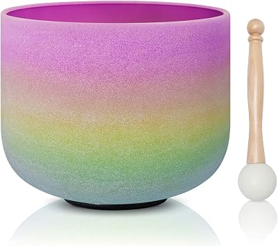 CVNC 440HZ 8 Inch Rainbow Colored B Note Crown Chakra Frosted Quartz Crystal Singing Bowl for Sound Healing and Meditation