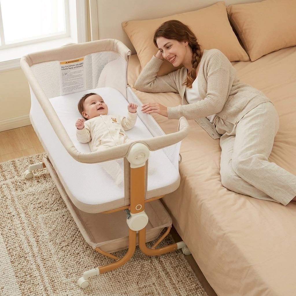 Garvee 3-in-1 Baby Bassinet, Bedside Sleeper for Newborn, 6 Height Adjustable, Full Mesh Breathable Side, Lockable Wheels, Large Storage, Portable Rocking Crib for Night Feeding, ASTM & CPC Certified
