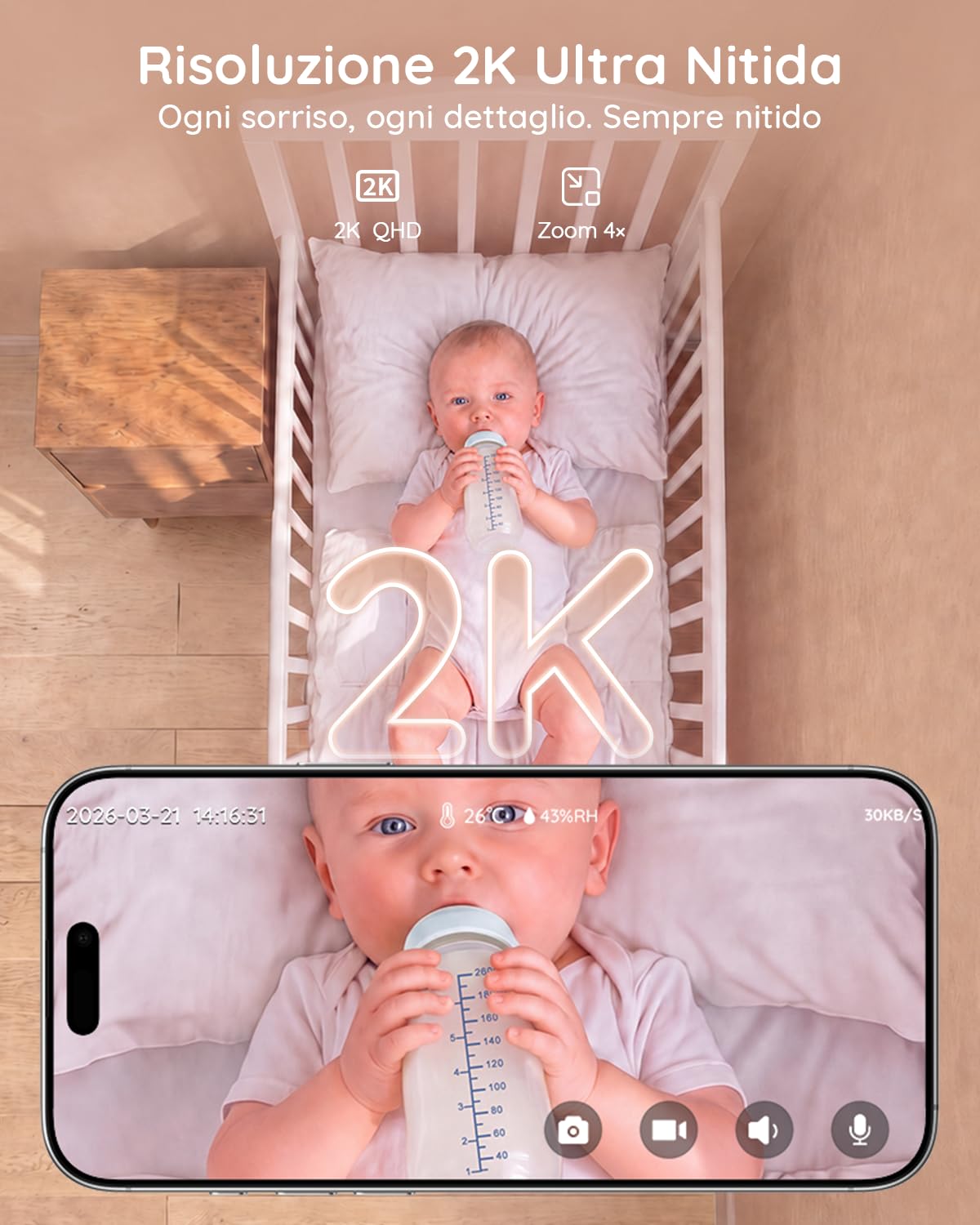 BOIFUN Baby monitor 5" con schermo diviso e 2 telecamere, baby monitor WiFi 2K tramite schermo e controllo tramite app, registrazione e riproduzione, sensore di temperatura e umidità
