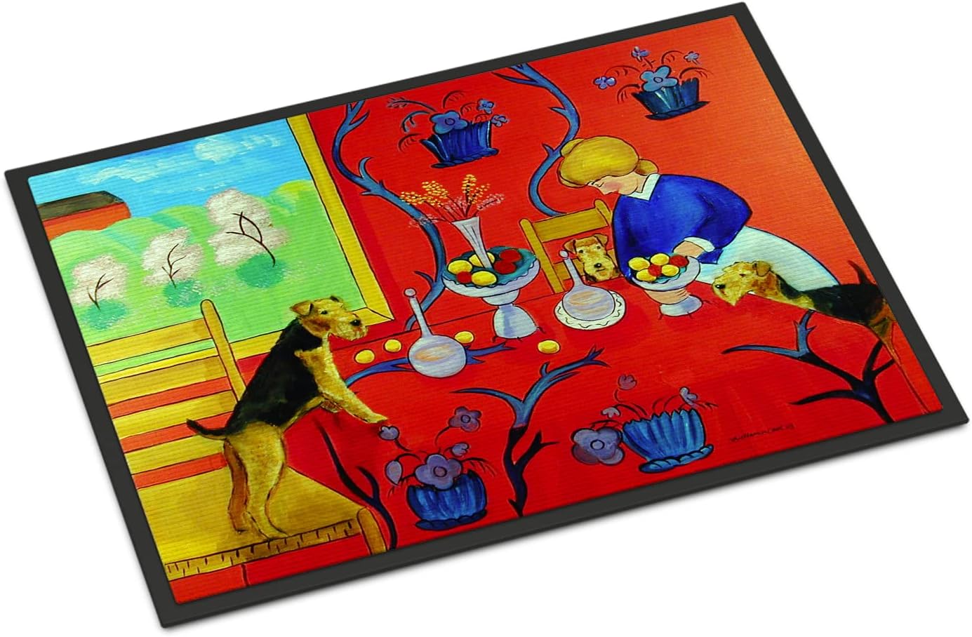 Caroline's Treasures 7212MAT Airedale Terrier with Lady in The Kitchen Doormat 18x27 Front Door Mat Indoor Outdoor Rugs for Entryway, Non Slip Washable Low Pile, 18H X 27W