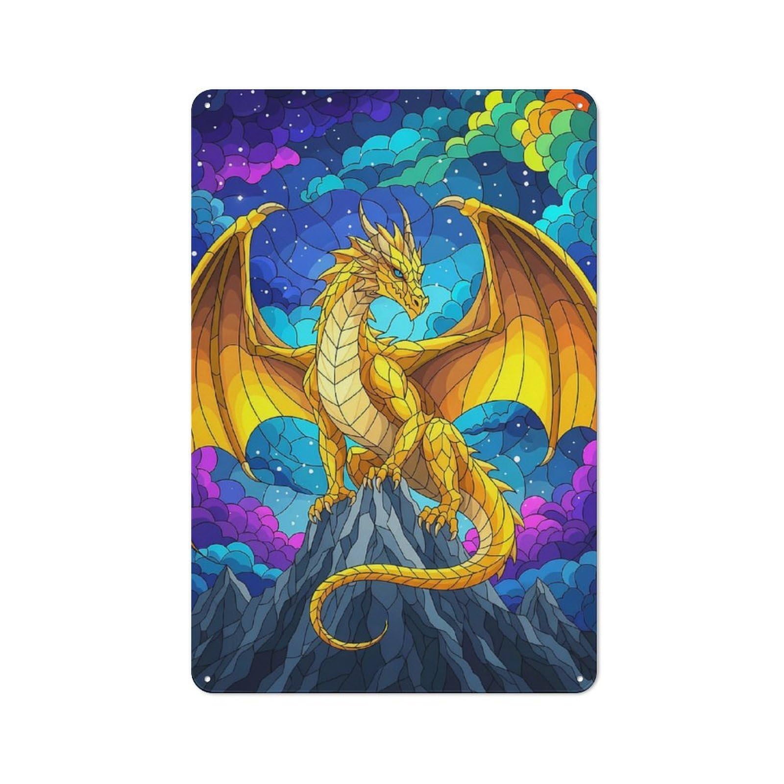 Junmoney Golden Dragon On Mountain Peak-1 Golden Dragon On Mountain Peak Industrial-Style Metal Plaque 30X20cm For Hallway Wall, A Winter Wall Decor Update For Hallway Decor Lovers