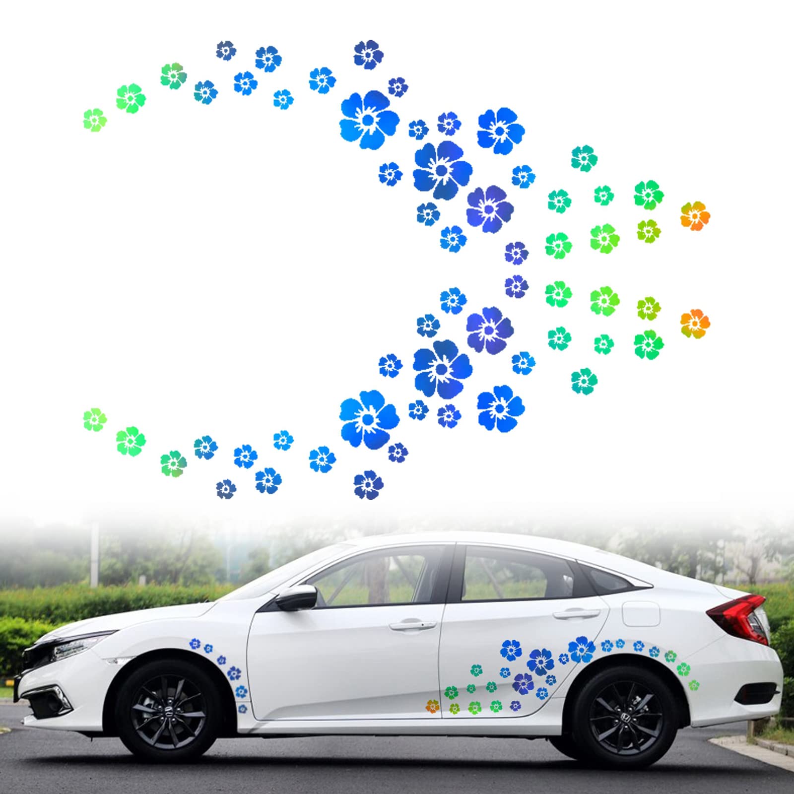 Photo 1 of 1 Set Flower Graphics Car Auto Body Sticker DIY Colorful Flower Pattern Self-Adhesive Car Side Vinyl Sticker Hood Decal, Holographic Laser