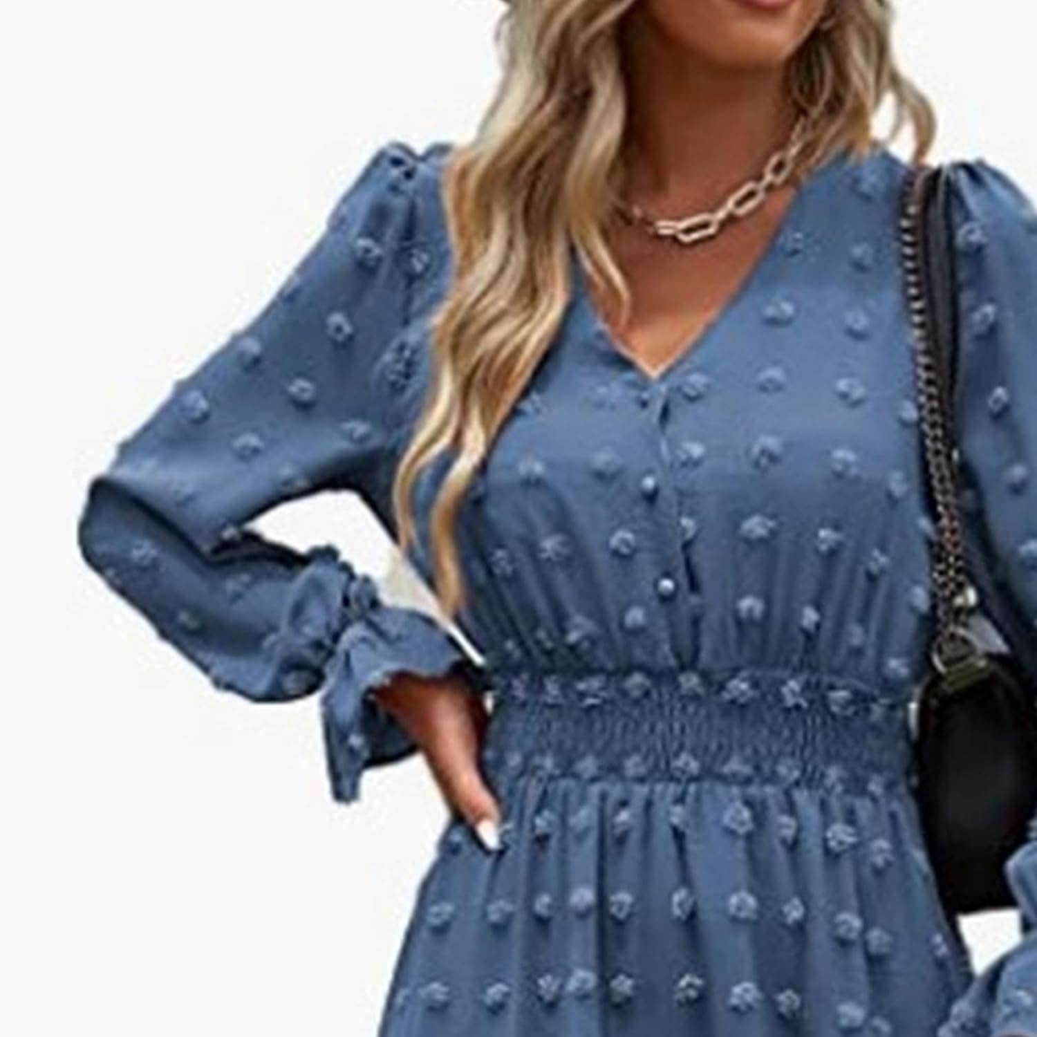 Women's Polka Dots Long Sleeve V Neck Dresses Button Down Vintage Boho Maxi Dress Stretchy Waist Ruffle Beach Dress