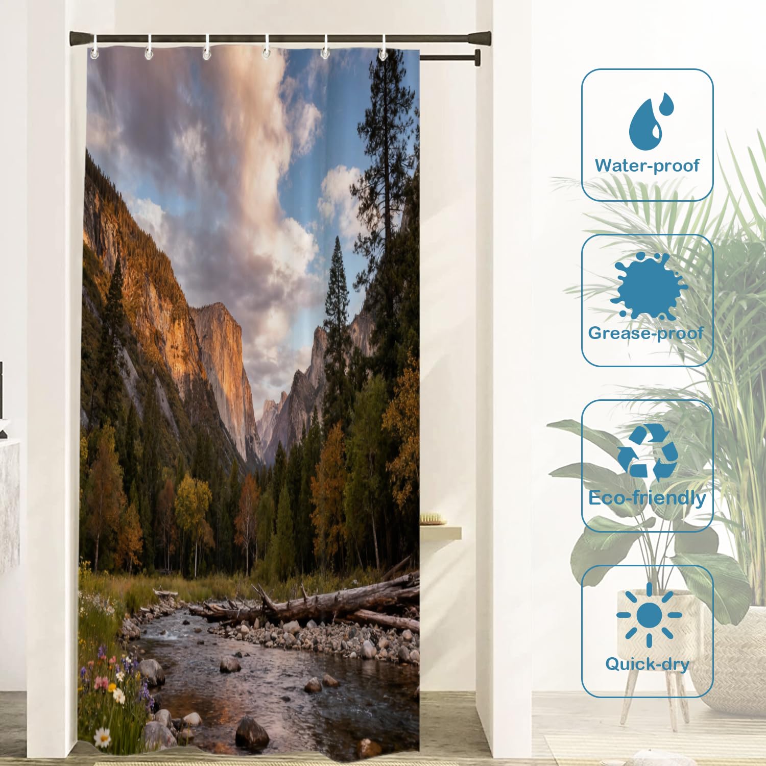 Batmerry Cortina de ducha con diseño de paisaje salvaje verde savia, hermosa decoración de baño de fibra de poliéster, anillos de plástico de secado rápido, impermeable, para bañeras/baño, 72 x 36