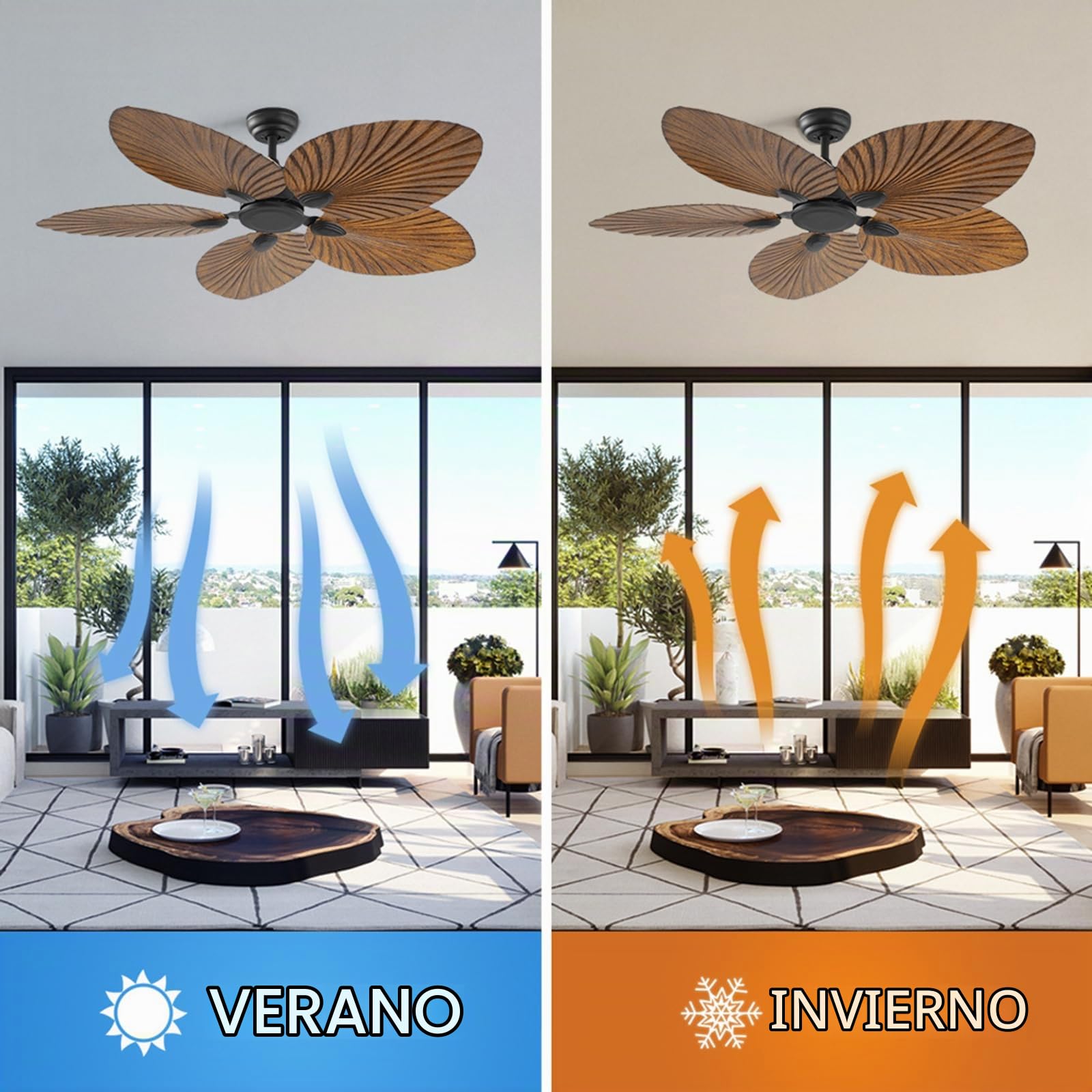 Ventiladores Tropicales Hoja De Palma, Ventilador Techo Exterior Tropical 52 Pulgadas Sin Luz, 5 Cuchillas Motor Tranquilo Reversible, Grano Madera para El Porche Patios 52''