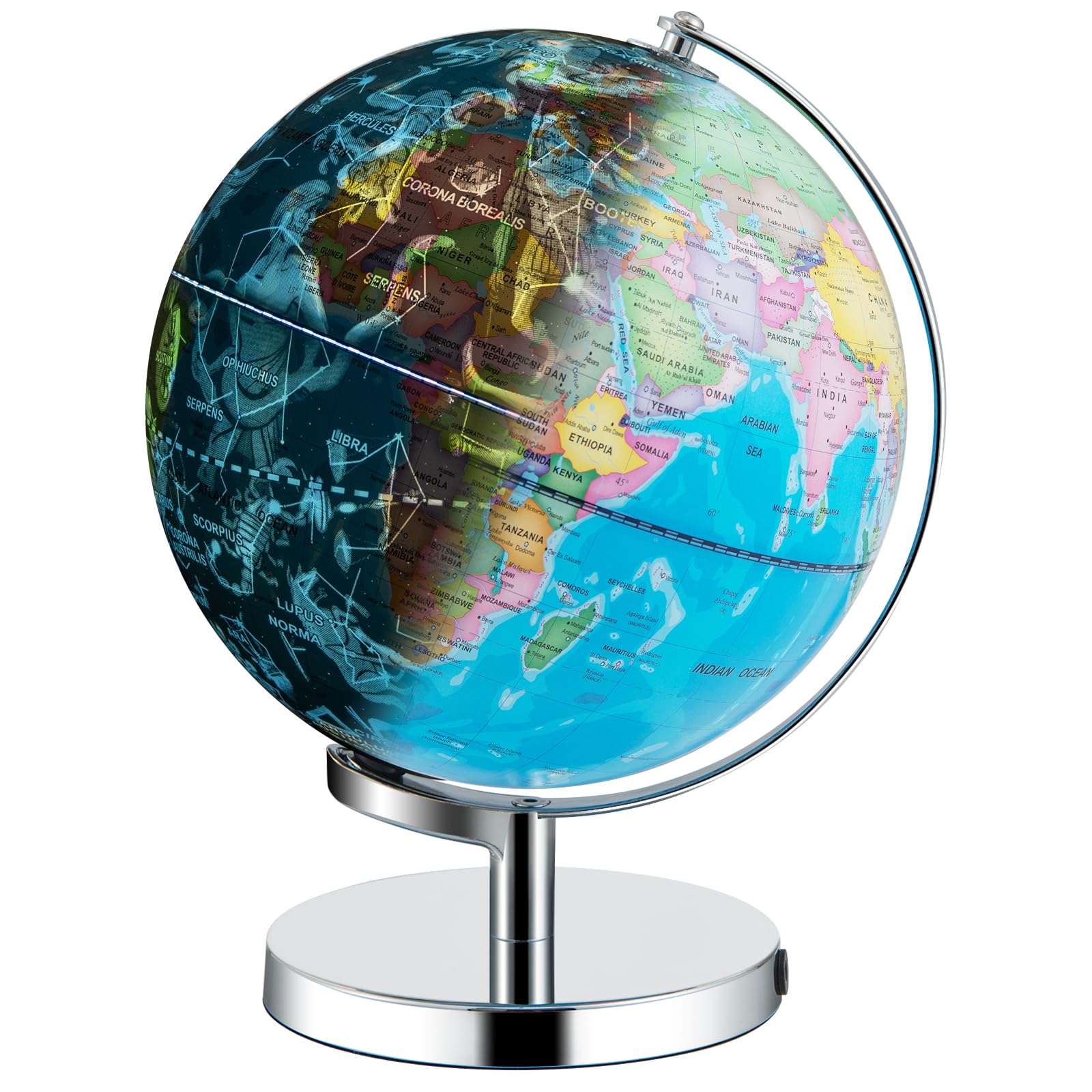 LIFEZEAL Globo terráqueo con LED de 23,5 cm, Globo terráqueo de constelaciones en ABS con base metálica, altura 29,5 cm, Explorablobe Mapa del mundo interactivo para escuela, oficina, Mapa en inglés