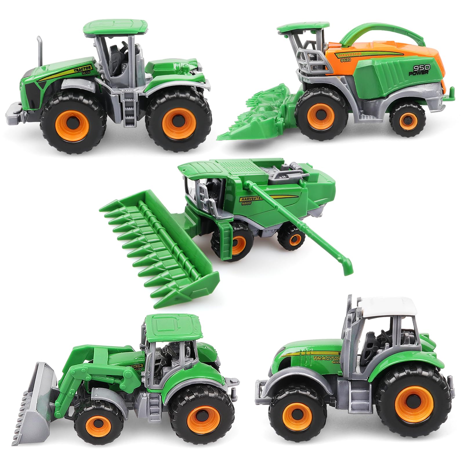 AtomDream Tech 5 Pack Diecast Farm Tractor Toys – Mini Farm Vehicle Set with Combine Harvester, Forage Harvester & Trucks, Metal and Plastic Farm Toys for Boys & Girls Ages 3+Green0605