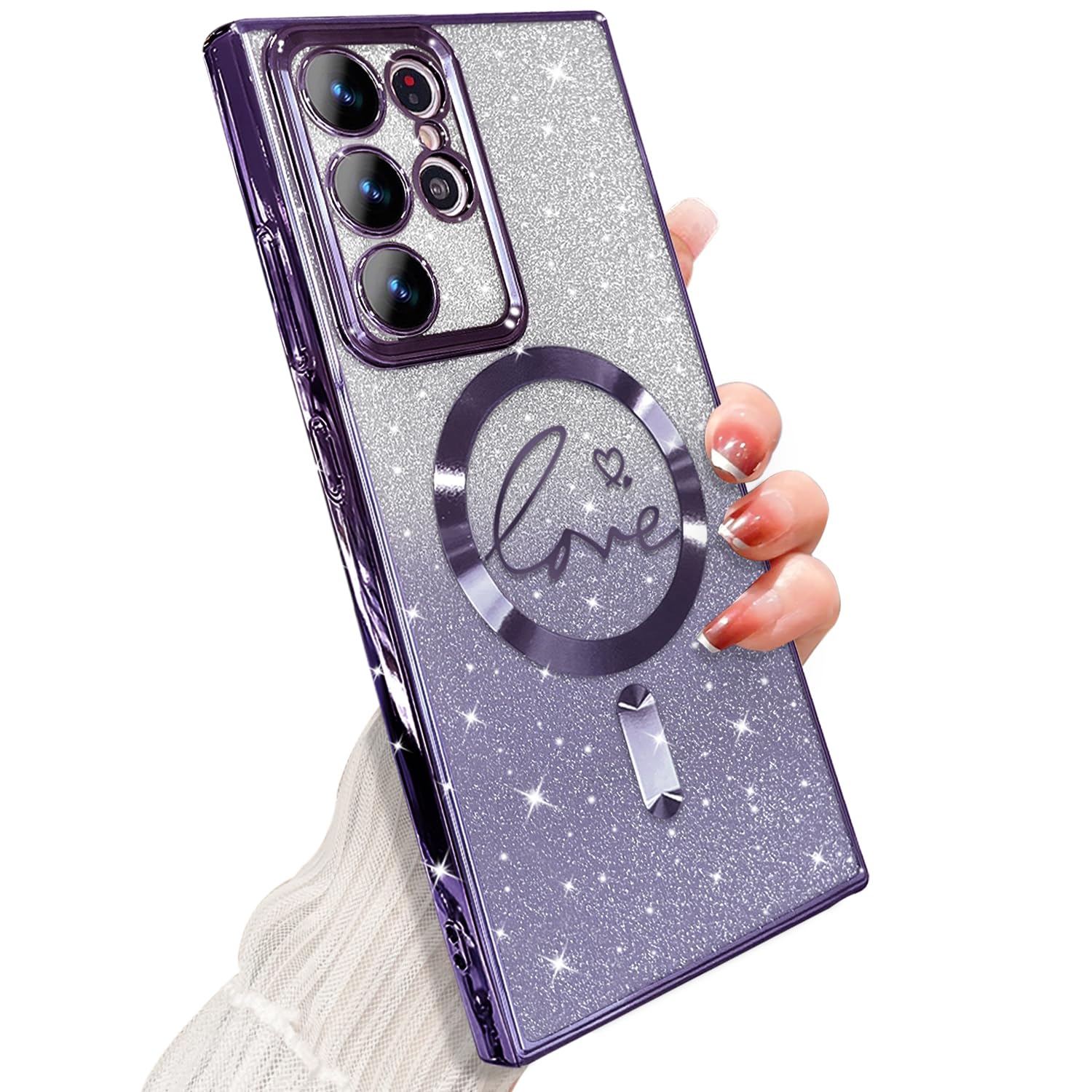 ZONRW for Samsung Galaxy S22 Ultra Case Magnetic,for Women Girl Soft Cute Luxury Love Heart Plating Bling Gradient Glitter Phone Case Compatible with