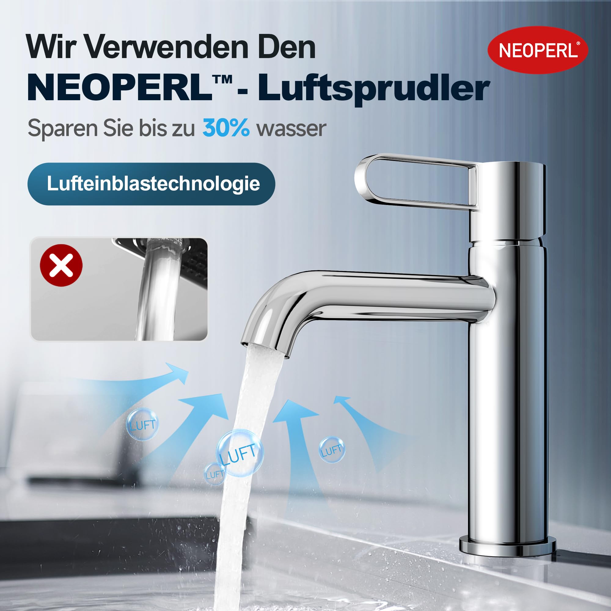 Bad Wasserhahn Waschtischarmatur Messinggehäuse Waschbecken mit Keramikkartusche Einhebelmischer Chrom Badarmatur für Badezimmer mit Ungiftiger EPDM-Innenschlauch