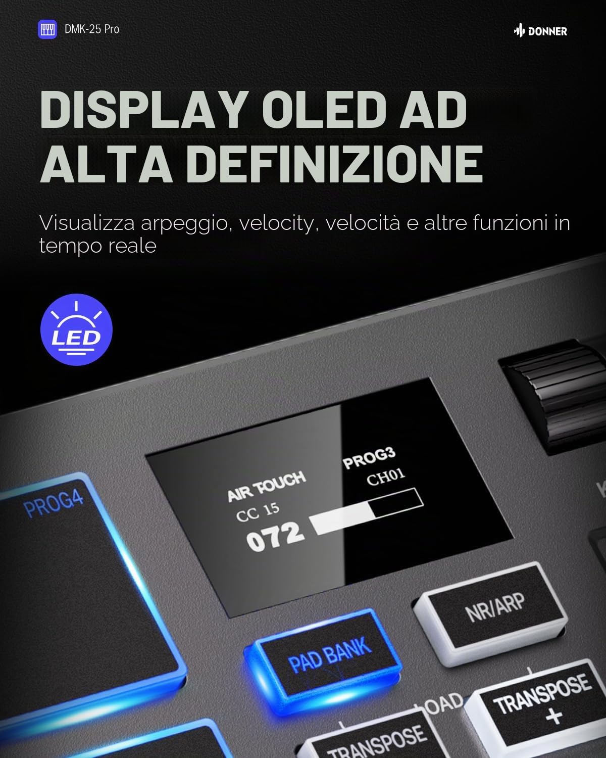 Donner Controller Tastiera MIDI USB-C, Tastiera MIDI Mini Portatile a 25 Tasti con 8 Drum Pad, Display OLED, 16 Scale Smart, Arpeggio, Replay, 4 Software DAW e 40 Corsi Didattici, DMK 25 Pro Nero