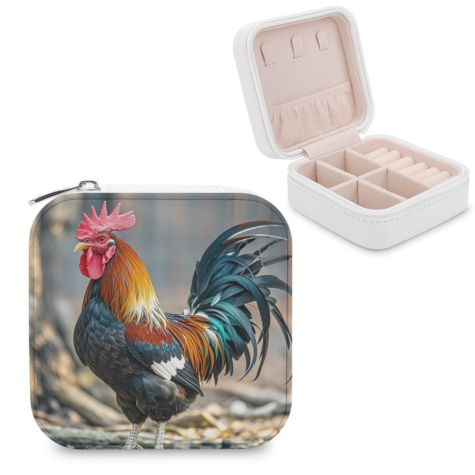 LZQPOEAS Old Rooster Illustration Jewelry Box Mini Jewelry Travel Case Trendy Stuff Ring Box Custom PU Leather Jewelry Boxes Portable Jewelry Case Earring Storage Organizer for Girls Women