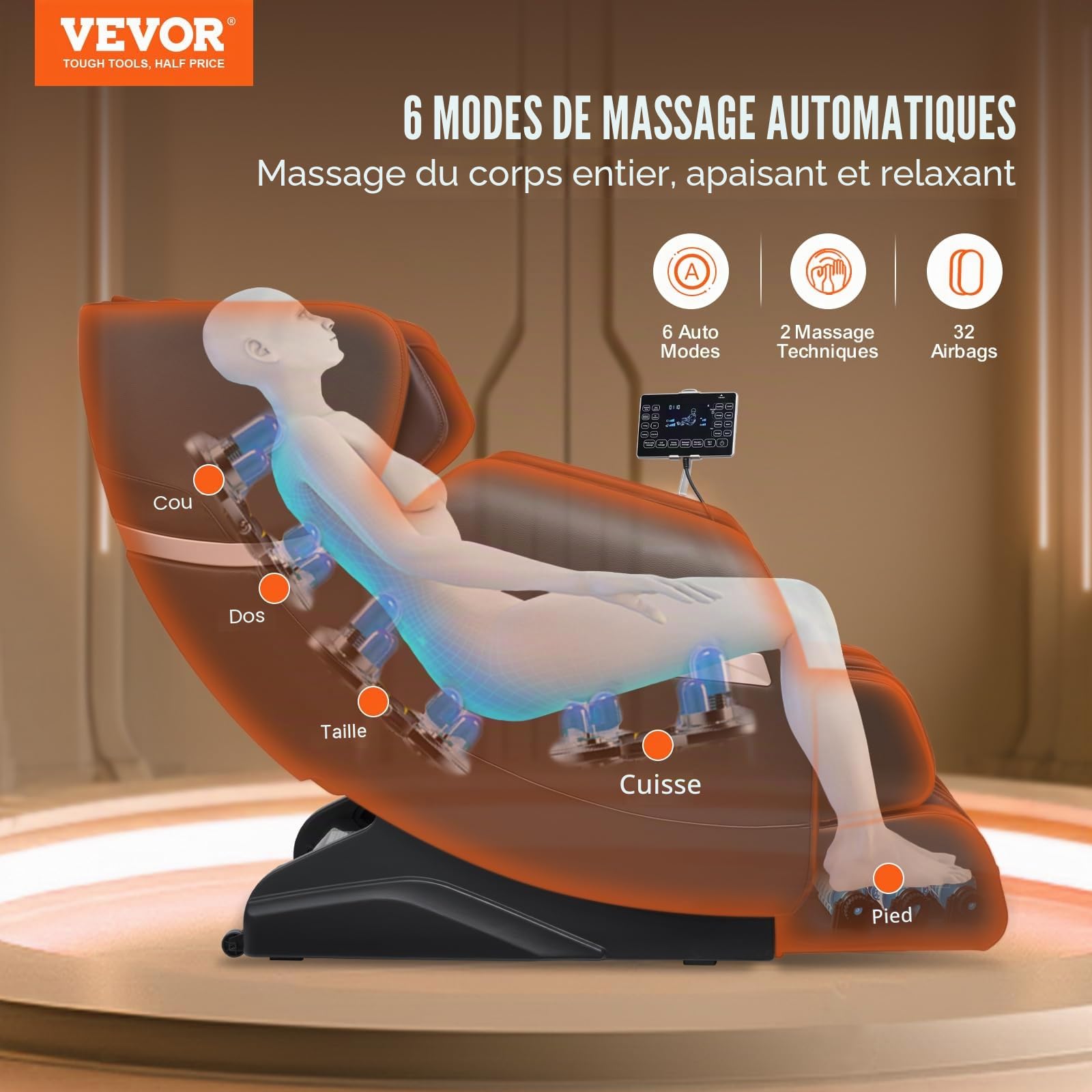 VEVOR Fauteuil de Massage Inclinable Corps Entier, Masseur Shiatsu 3D, Zéro Gravité, avec Plusieurs Modes Automatiques, Chauffage, Haut-parleur Bluetooth, Coussin d’Air, Rouleau de Pied, Écran Tactile