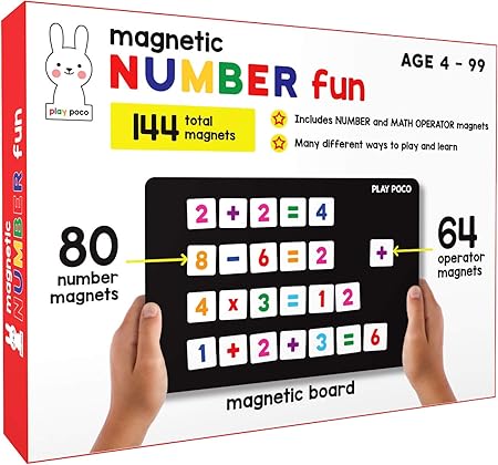 PLAY POCO Magnetic Number Fun - with 80 Number Magnets, 64 Operator Magnets, Magnetic Board and Equation Book - Learn Numbers, for Counting and Simple Math (Age 4+), Multicolor