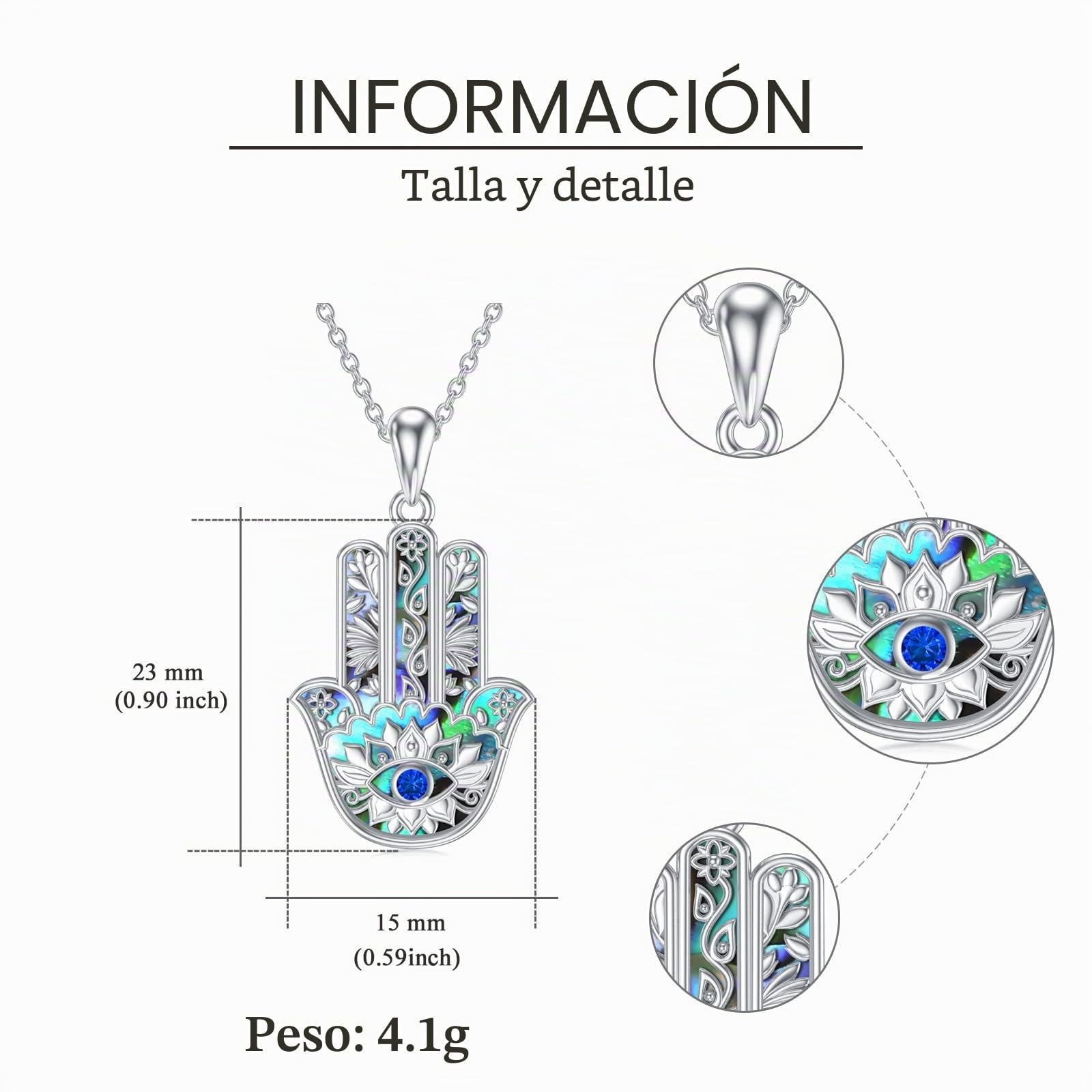 VONALA Collar de mal de ojo de plata de ley 925, joyería de mano de hamsa para mujeres y niñas, MIDDLE, Plata esterlina, Circonia cúbica