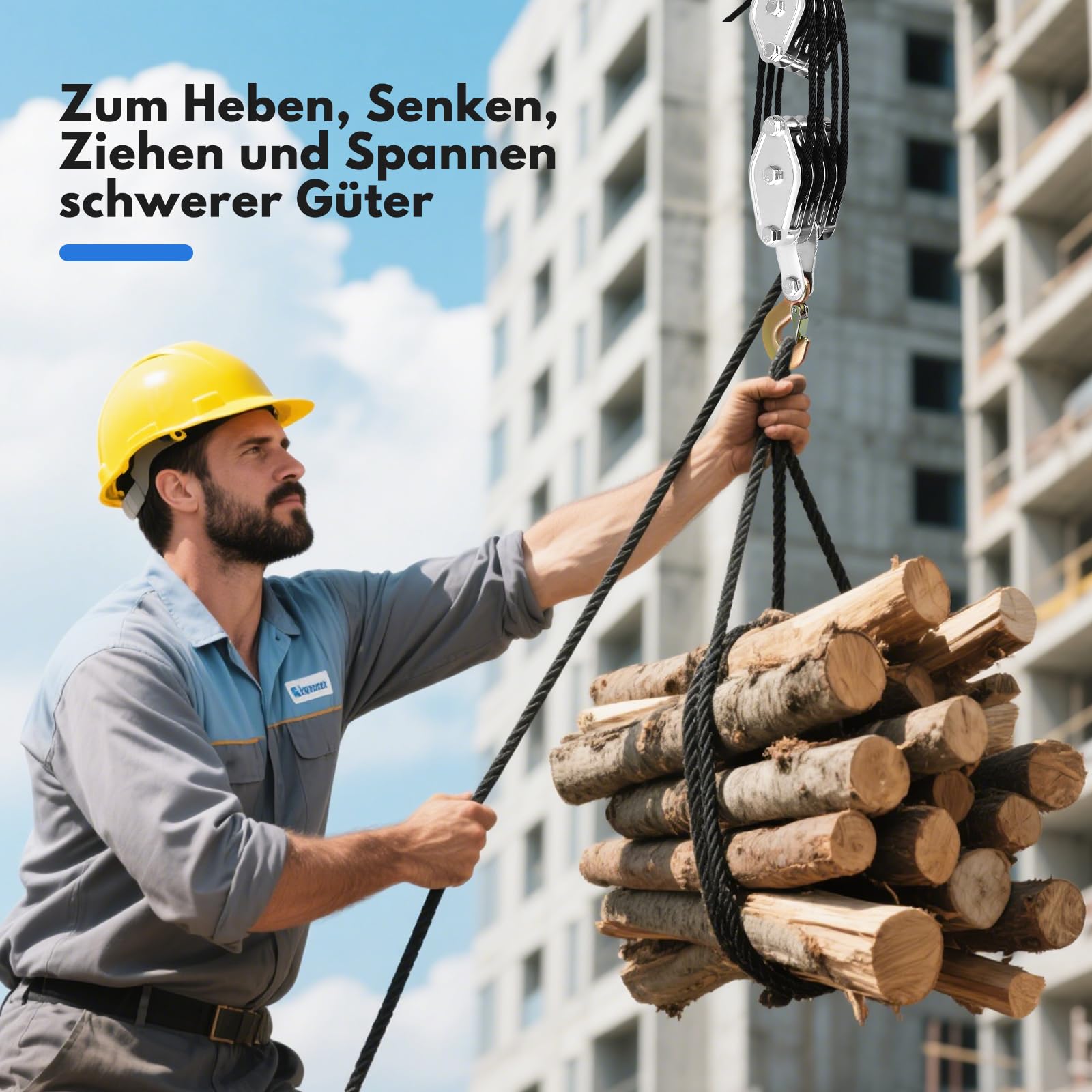 Flaschenzug mit Seilbremse 2000kg Tragkraft, 20m Nylonseil 7.5mm, 270° Drehbarer Haken, 8:1 Übersetzung für Baustelle, Werkstatt und Schwertransport,Manueller Flaschenzüge
