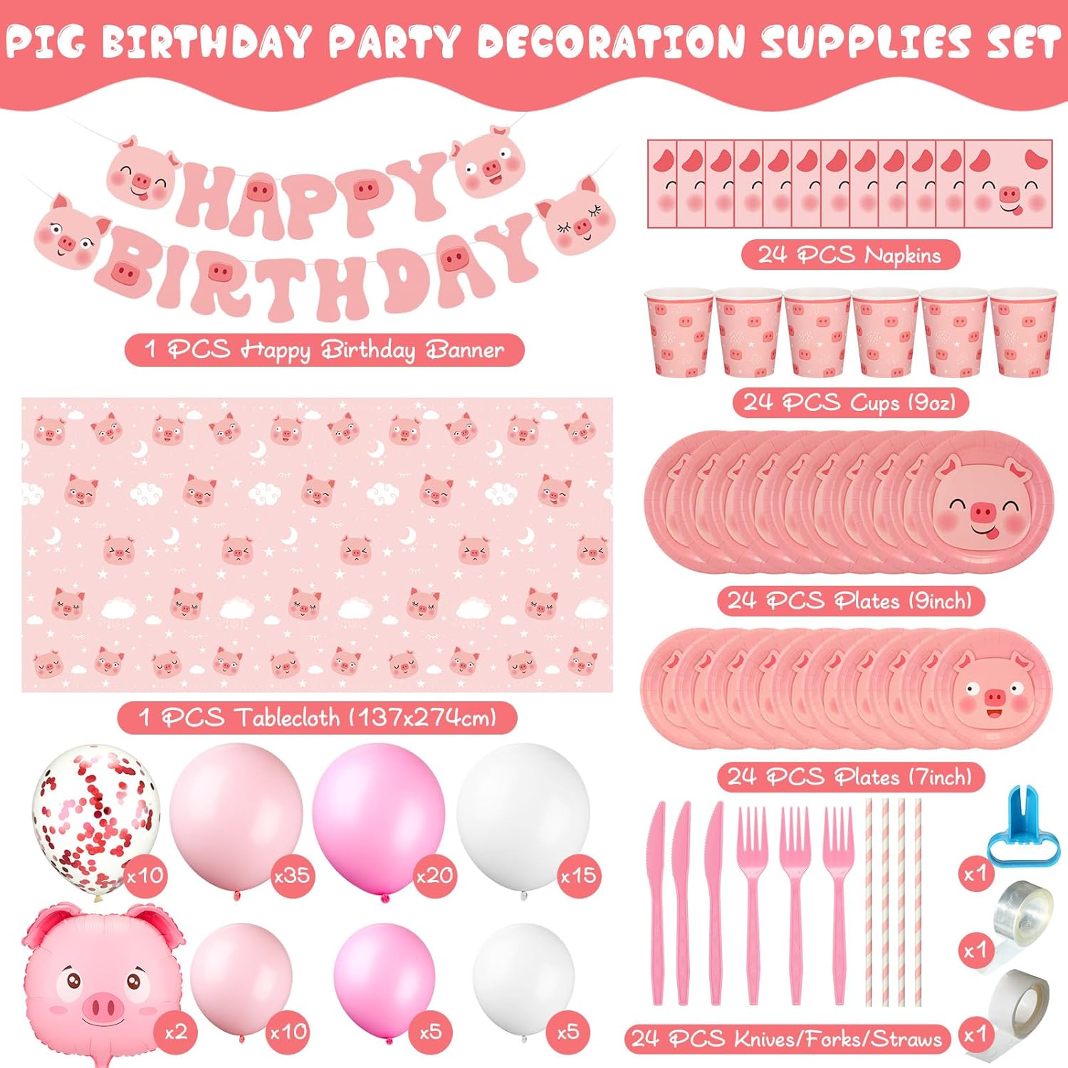 Lenwen Pig Party Supplies Set - 275 Pcs, Includes Pig Tableware, Farm Animal Banner, Latex Balloons for Cute Birthday Party Favor, 24 Guests
