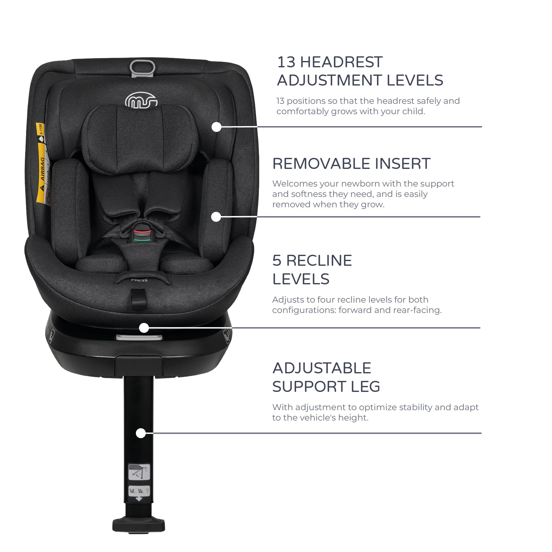 Ms Denver I-Size Fotel samochodowy obrotowy o 360° z ISOFIX i nogą podpierającą, 40-150 cm (0~36 kg), ok. 0-12 lat