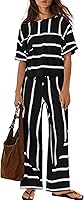 Nirovien Women's Striped 2-Piece Lounge Set: Short Sleeve Top & Wide Leg Pants with Pockets - Vacation Travel Outfits