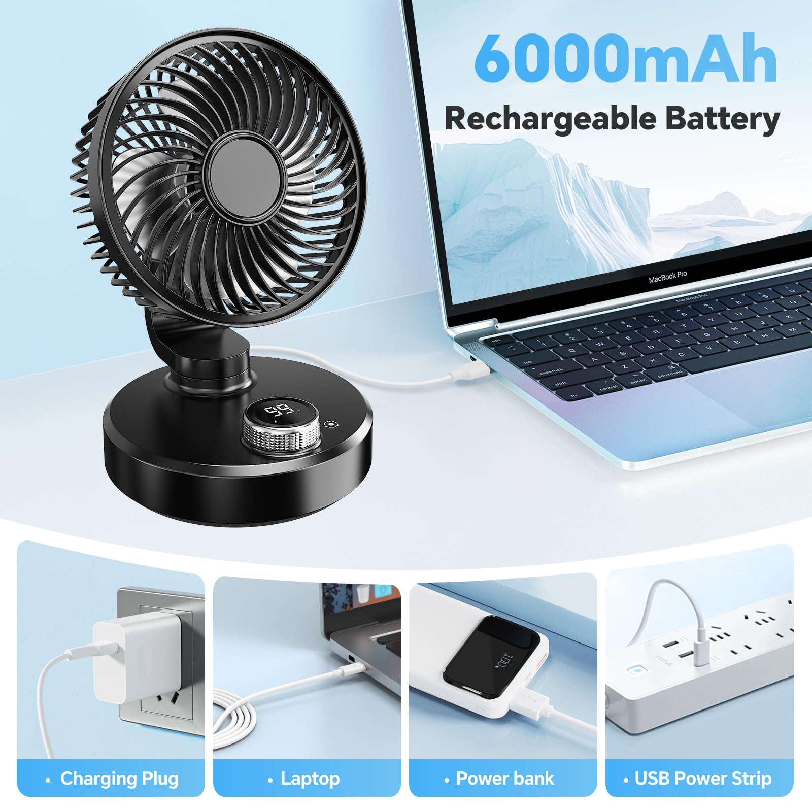 Wentylator biurkowy, mały, cichy przenośny wentylator z wyświetlaczem LCD 6000 mAh, akumulator, 6 prędkości, mini USB wentylator stołowy do biura domowego na kemping (czarny)