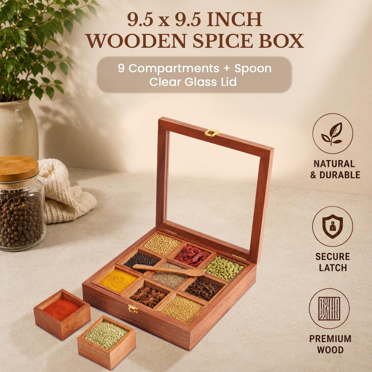 Ajuny Wooden Spice Box 9x9 Inch Masala Dabba with Glass Lid, 9 Compartments image 3