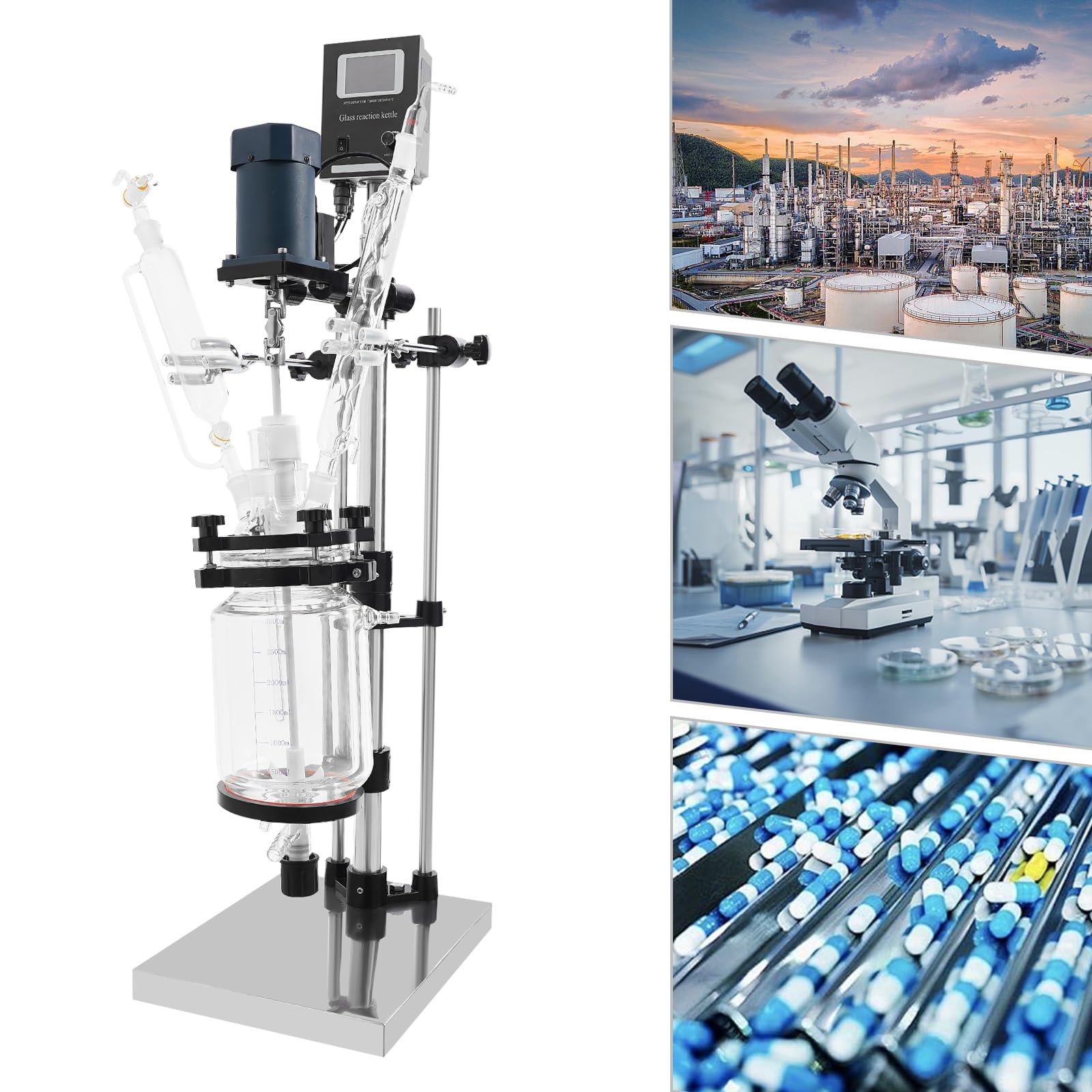 Double-Layer Glass Reactor, 3L Lab Digital Jacketed Chemical Glass Reactor Double-Layer Chemical Reaction Vessel Heating Mixing Reactor with LCD Display for Reaction Distillation, 200N.Cm 0~680 RPM