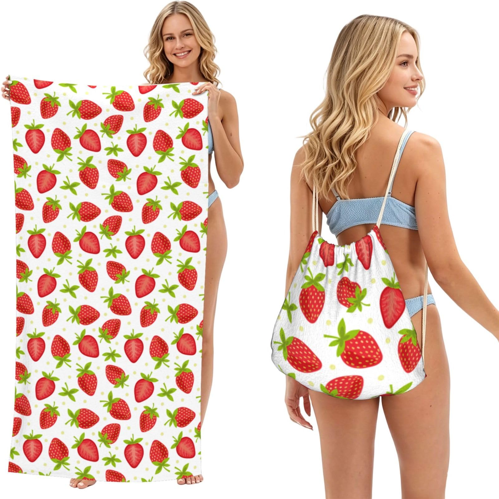 Poadnly As Picture Fruits Strawberries Strawberry Pattern, 2 In 1 Packable Towel Bag, Beach Towels With Drawstring Backpack For Travel Holiday Camping
