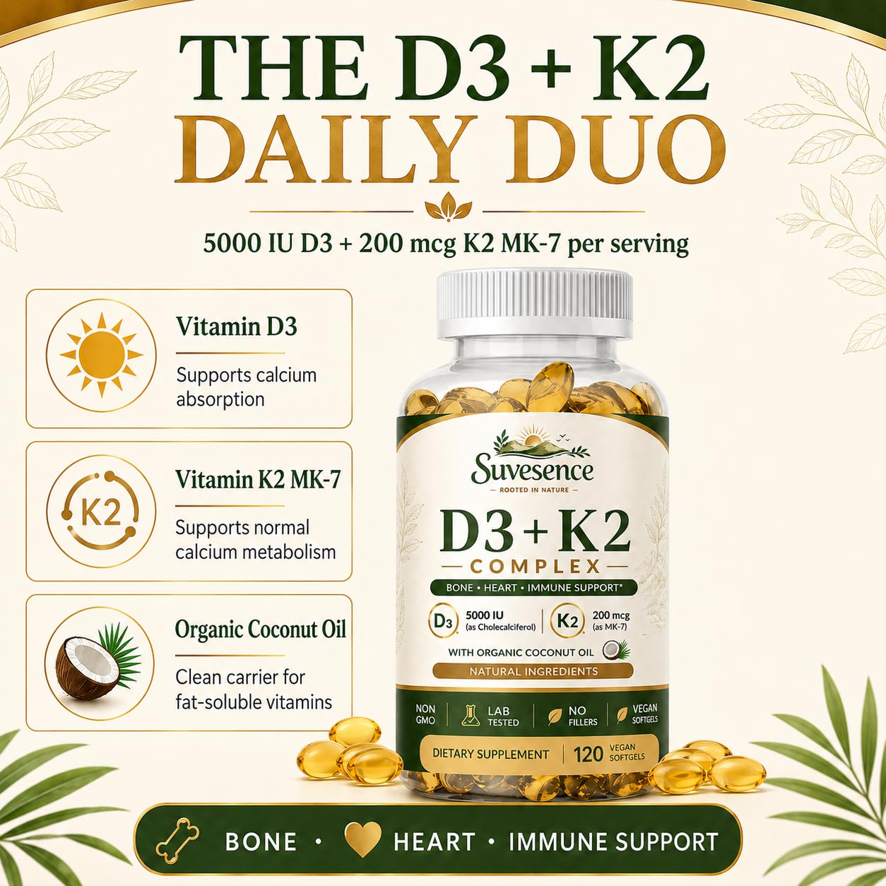 High Potency Vitamin D3 + K2 200 Natural Supplement, 120 Veggie Softgels — Amazon image 2