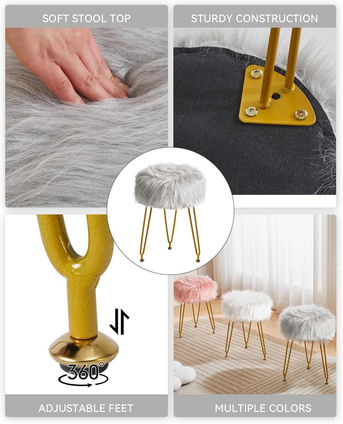 IBUYKE Faux Fur Vanity Stool Chair, Furry Makeup Stool Ottoman, Soft Padded Seat, Round Footrest Footstools with 4 Metal Legs, for Living Room Bedroom Entryway, Gray LG-32G