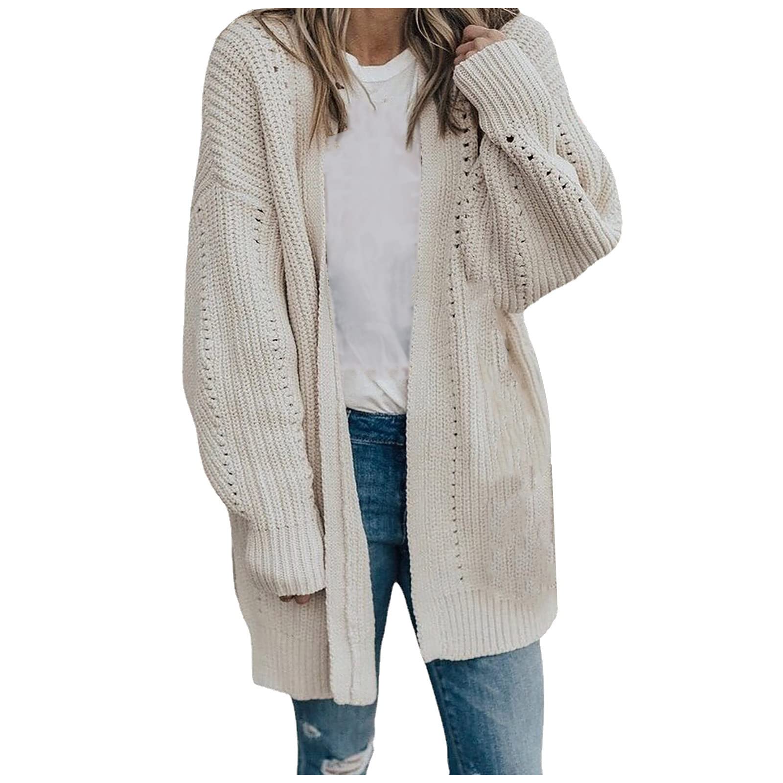 DENGZI Crochet Prom Solid Color Cardigans for Ladies Button-Down Fall Comfortable Sweaters Comfortable Long Sleeves Tunic Collarless Casual Sweater for Ladies