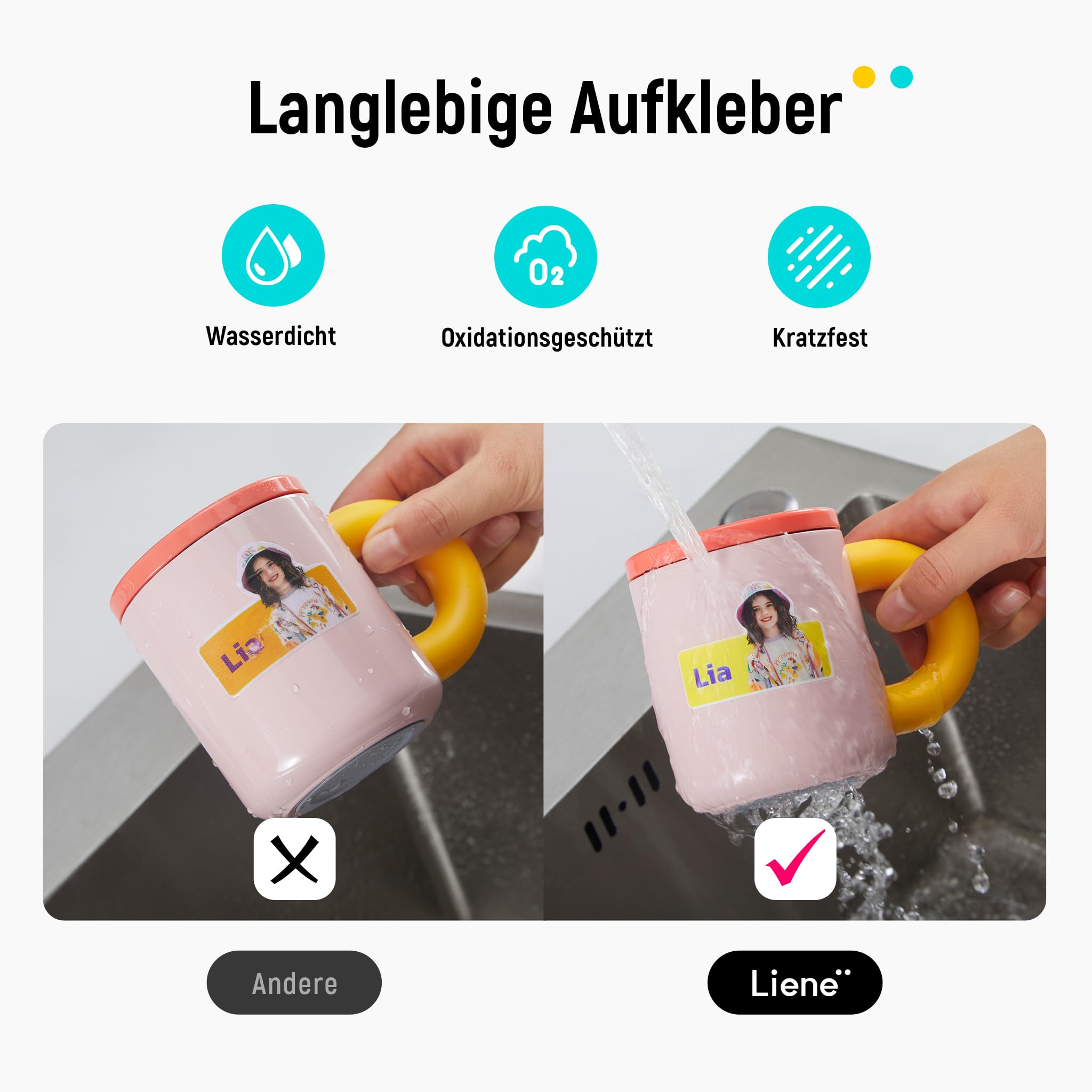 Liene Stickerpapier & Patronen (Stärkere Haftung) – 2 Tintenpatronen + 72 Blatt 10x18 cm Fotopapier, wasserfest mit Thermo-Dye-Sublimation, kompatibel mit Liene PixCut S1