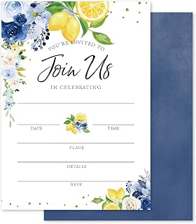 Whaline 25 Sets Invitations with Envelopes Stickers Watercolor Blue Floral Lemon Invitation Cards Fill-In Invites for All Occasions Wedding Bridal Baby Shower Birthday, 5 x 7 Inch
