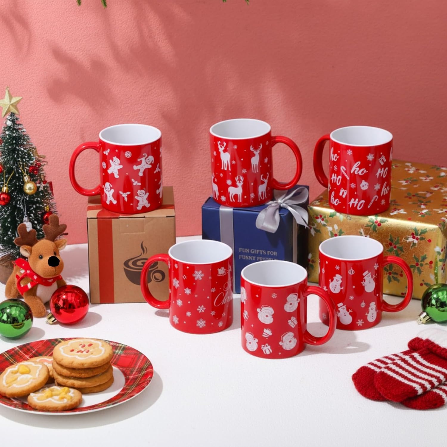 Christmas Coffee Mugs Set of 6 12 Oz Red Ceramic Coffee Cups with Santa Snowman Reindeer Gingerbread Hot Cocoa Mugs for Women Men Christmas Gift Table Centerpieces Party Decor - Image 2