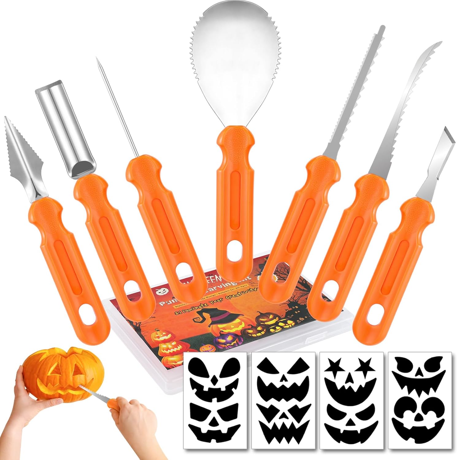 Pumpkin Carving Kit – 7 Piece Professional Stainless Steel Carving Tools with 8 Stencils and Storage Case, Heavy Duty Halloween Jack-O-Lantern Decorations Sculpting Knife Set for Adults and Kids