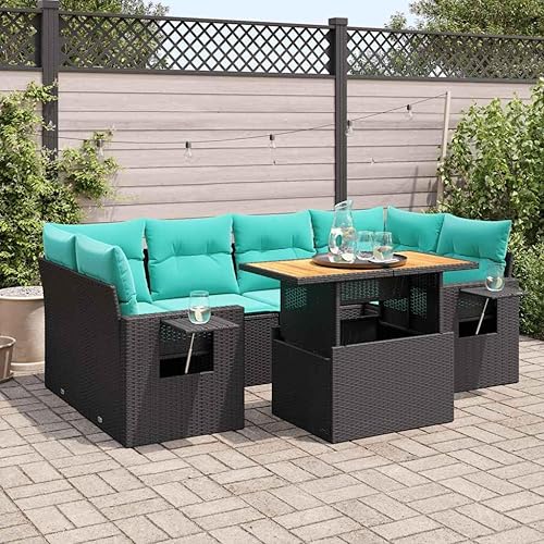 7 Piece Patio Sofa Set with Cushions, Black Poly Rattan