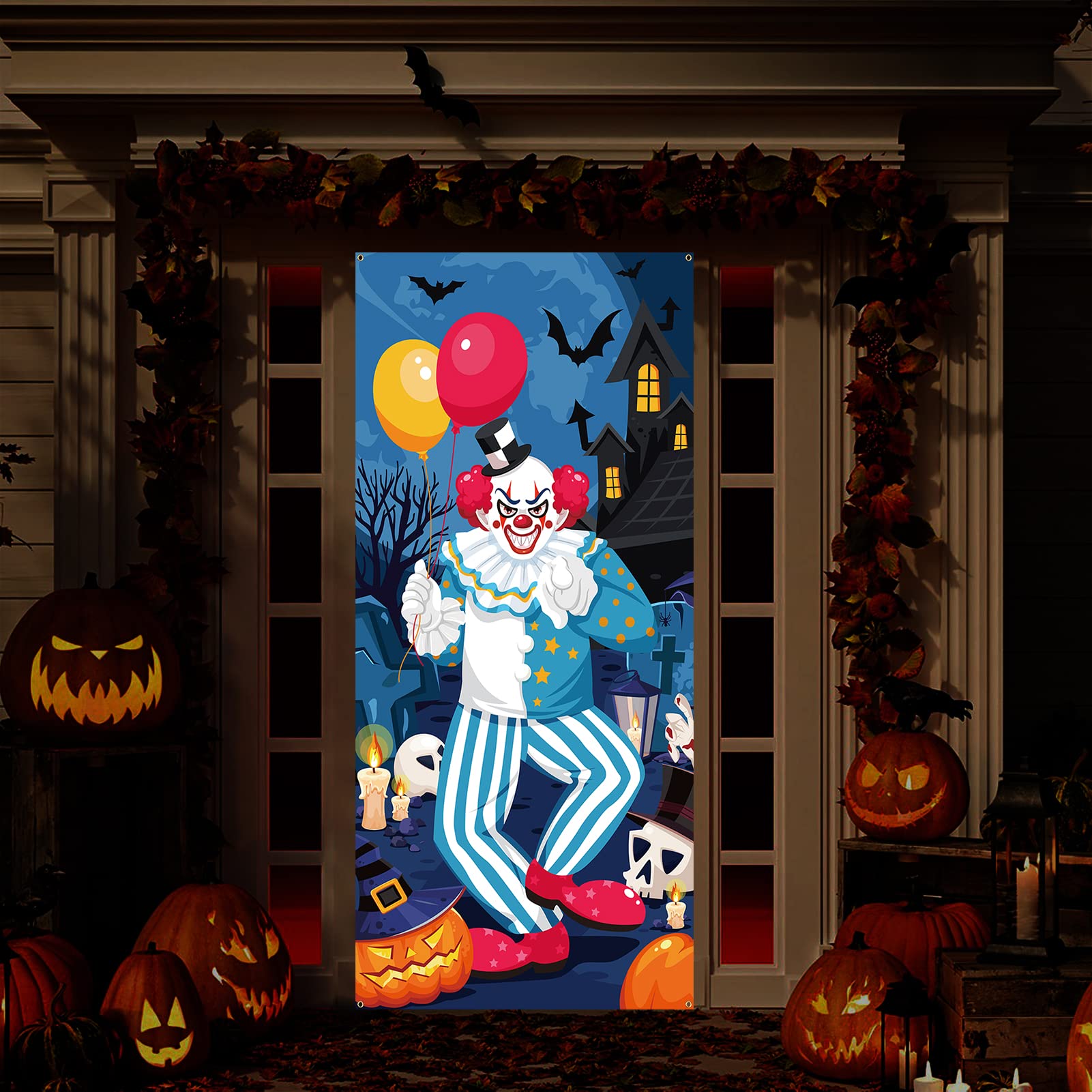 DPKOW Horror Halloween Clown Banner Decoration, Fabric Clown Door Banner Halloween Door Cover for Scary Halloween Decoration, Halloween Indoor Outdoor Decoration Haunted House Supplies, 185*90cm